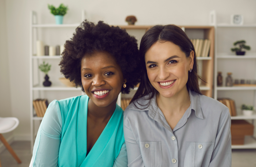 Friendly African American and Caucasian Coworker Headshot Portrait in Office